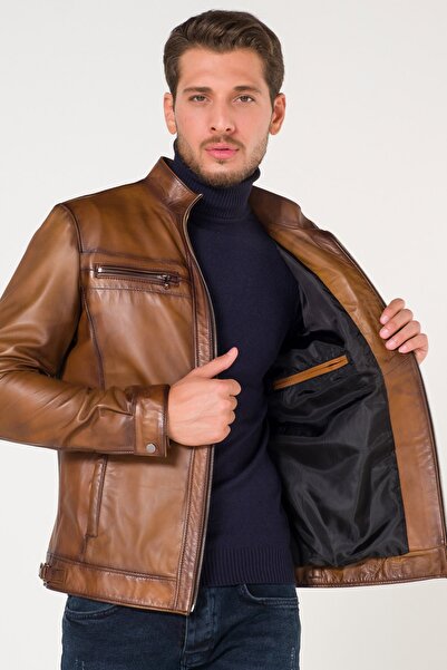 AtakGiyim Erkek Açık Kahve Dik Yaka Hakiki Deri Mont Ceket