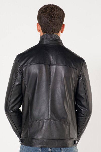 AtakGiyim Erkek Siyah İkiz Fermuarlı Dik Yaka Deri Mont Ceket