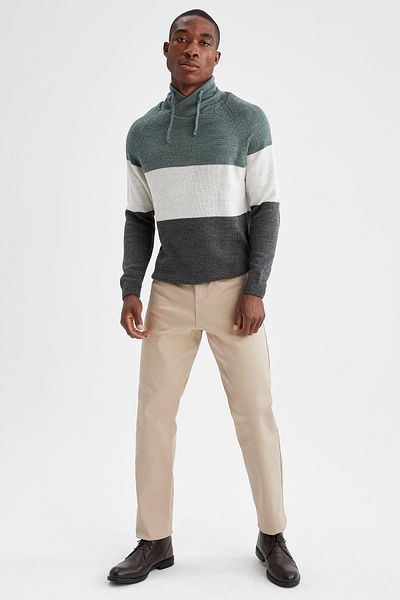 DeFacto Shawl Collar Color Block Knitwear Sweater