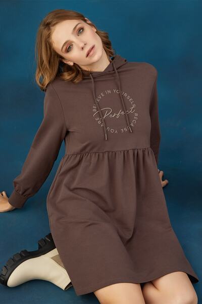 GİZZEY 20667 Kadın Kapüşonlu Baskılı Elbise