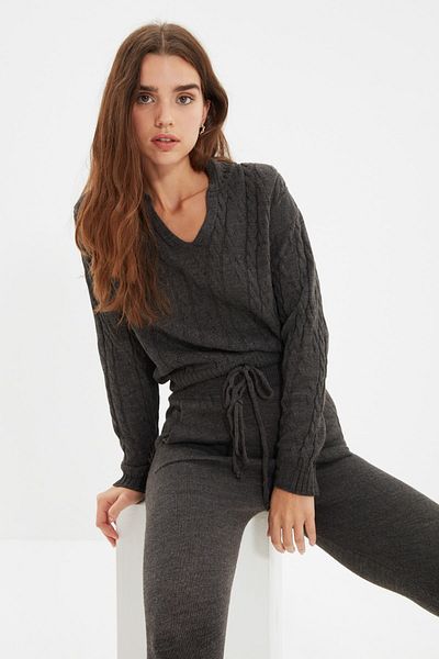 Trendyol Collection Anthracite Knit and Tie Detailed Knitwear Top and Bottom Set TWOAW22AU0097