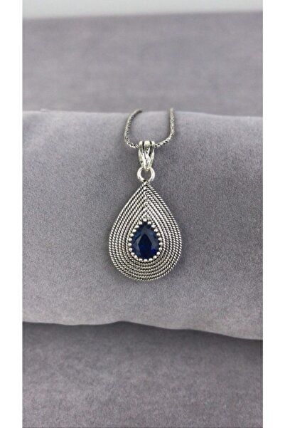 BEY SİLVER Telkari Safir Taşlı Parmak Izi Damla Gümüş Kadın Kolye