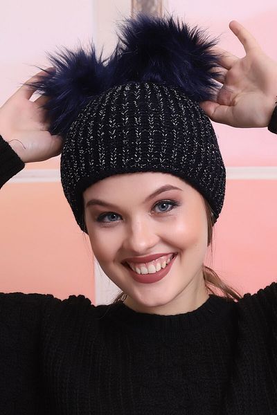 Deafox Γυναικείος Μπερέ Navy Blue Double Pompom