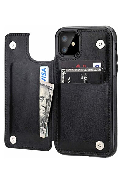 Lima حافظة ذكية فاخرة لهاتف آيفون 11 مع محفظة وحامل بطاقات سوداء