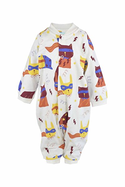 Verte Vallée Ekru Kedi Baskılı Unısex Bebek Tulum
