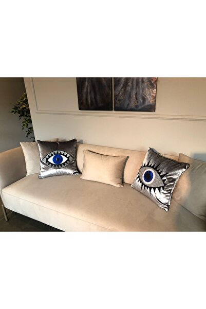 ge living Ikili Set Gri Kadife Gümüş Içi Saks Göz Işlemeli Kırlent Kılıfı