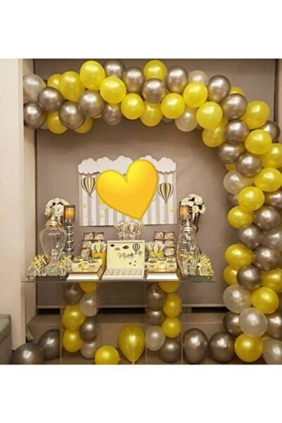 Party City 50 Pieces Yellow White Silver Metallic Balloons And 5 Meters Balloon Chain