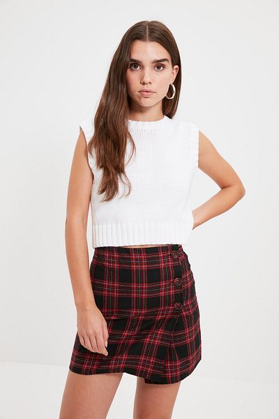 Trendyol Collection Piros duplasoros kockás mintás mini szőtt szoknya TWOAW21ET0589
