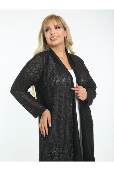 LİKRA Women's Black Large Size Long Stretchy Mesh Cardigan