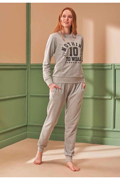 Feyza 4307 طقم بيجامة نسائي بأكمام طويلة - رمادي فاتح