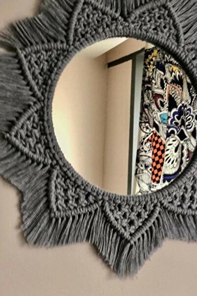 Genel Markalar Dekoratif Gri Bohem Makrome Ayna %100 El Yapımı