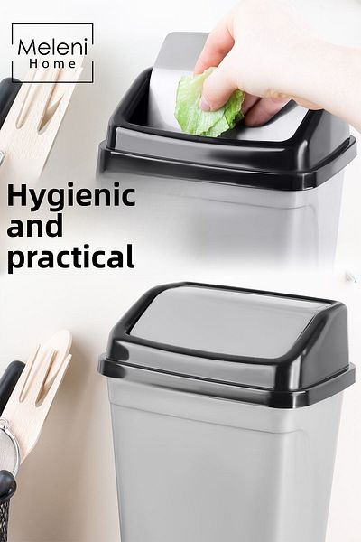Meleni Home Coș de gunoi din plastic cu capac - Coș de gunoi pentru birou, baie, bucătărie, pe blat, gri 2,5 litri