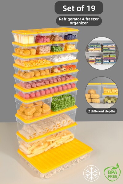 Meleni Home Set de 19 organizatoare galbene pentru frigider - Recipient pentru congelator pentru cuptor cu microunde adânc și superficial
