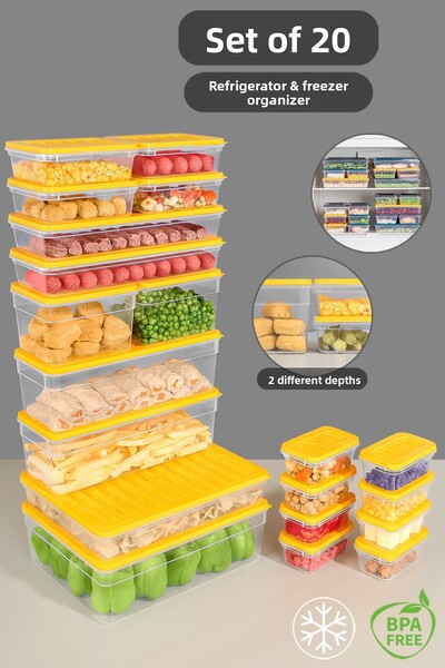 Meleni Home Set de 20 de organizatoare galbene pentru frigider - Recipiente pentru congelator pentru cuptor cu microunde adânc și superficial