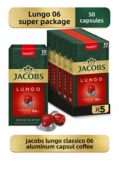 Jacobs لونغو 6 كبسولات قهوة ألومنيوم كلاسيكية متوافقة مع نسبرسو 10 قطع × 5 عبوات