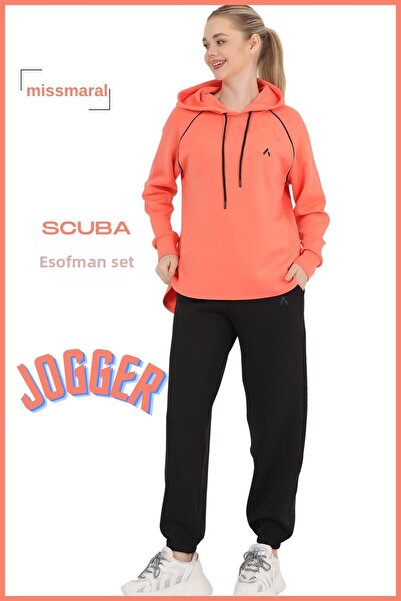 missmaral Γυναικείο σετ αθλητικής φόρμας Jogger Μαύρο πορτοκαλί με κουκούλα Oversize μπλούζα με ελαστικό πόδι στην τσέπη 3070