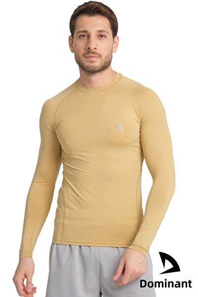DOMİN SPOR Ανδρικό μακρυμάνικο χρυσό μπεζ Lycra Fit Compression αθλητικό μπλουζάκι σώματος