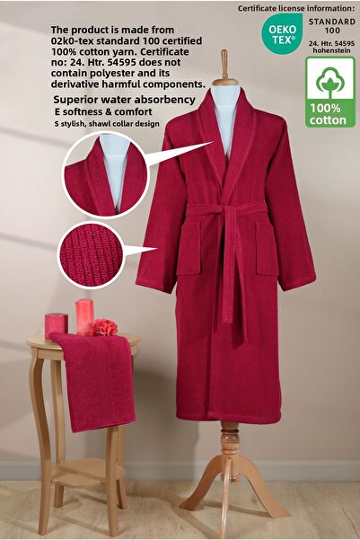 Ellaline Σετ ριγέ μπουρνούζι 100% βαμβακερό πιστοποιημένο 2 τεμαχίων, σετ μπουρνούζι και πετσέτα κεφαλιού Shalyaka Claret Red