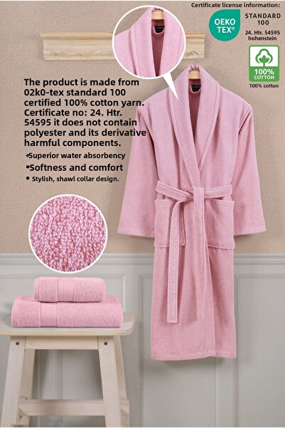 Ellaline Σετ μπουρνούζι 3 τεμαχίων 100% βαμβάκι με πιστοποίηση, μπουρνούζι με κορδόνια σώμα και πετσέτα κεφαλιού ροζ
