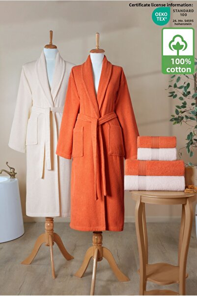 Ellaline 6 Piece Striped Bathrobe Set 100% Cotton Certified Family Towel Bathrobe Set Dowry Set Orange Cream