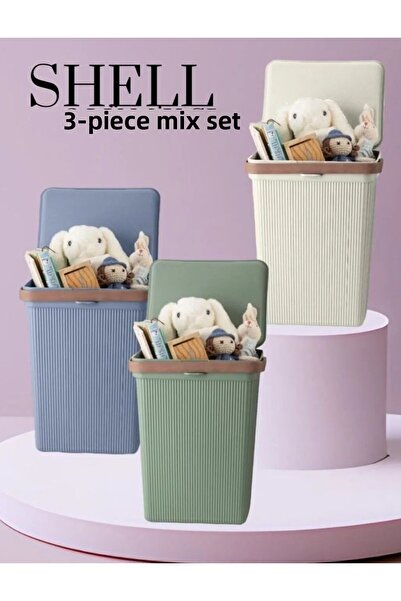 Bayev 10 Lt Mix Color Shell Toy and Laundry Basket with Handles - Hobby Storage Container with Lid, 3 Pieces