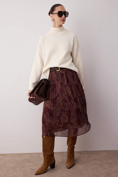 Trendyol Collection Fusta midi din șifon țesut cu model de șal burgundy TWOAW26ET00041