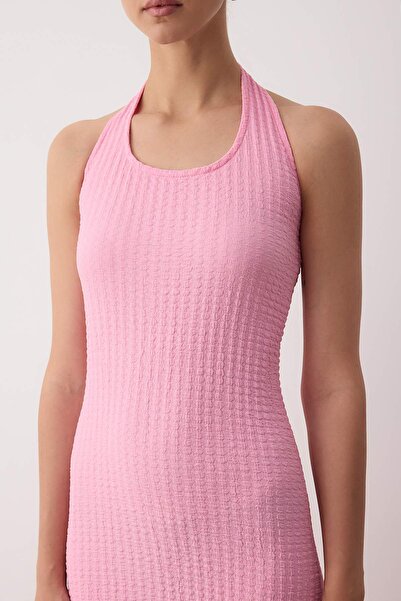 Trendyol Collection Pink Textured Halter Bodycone/Fitted Stretchy Maxi Knitted Dress Twoss25El00900
