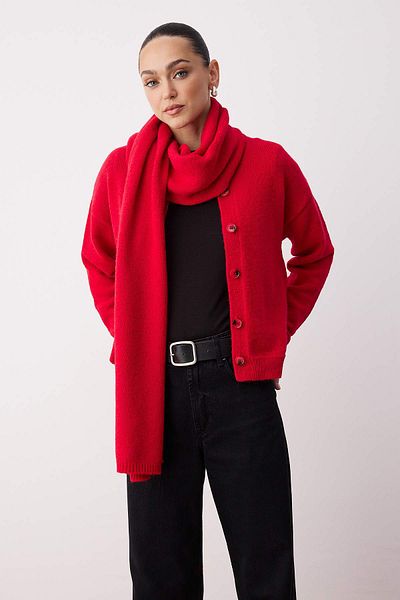 Trendyol Collection Rote, weiche, strukturierte Basic-Strickjacke mit weitem Schnitt TWOAW26HI00097