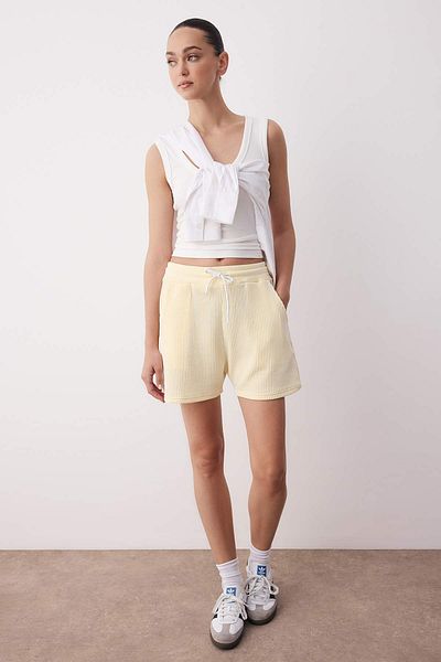Trendyol Collection Yellow Striped Drawstring Elastic Waist Mini Knitted Shorts & Bermuda Twoss25Sr00235