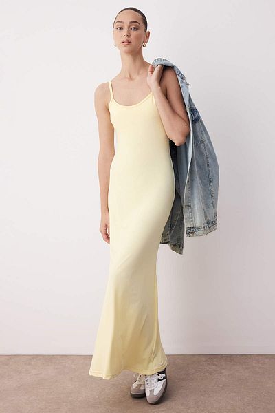 Trendyol Collection Yellow Strap Pool Collar Bodycone/Fitted Straight Maxi Knitted Dress Twoss25El00901