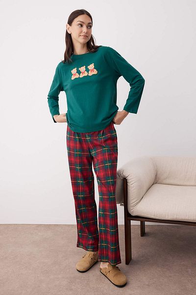 Trendyol Collection Green 100% Cotton Teddy Bear Plaid Knitted Pajama Set Thmaw26Pt00042