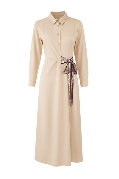 Trendyol Modest Beige Unlined Plain Woven Terryviscose Hijab Dress Tctaw26Eb00018