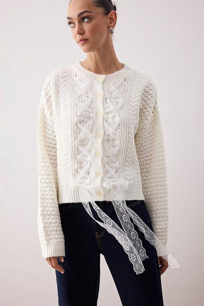 Trendyol Collection Ecru Crop Wide Fit Hair Knit Lace Garnish Detailed Soft Textured Knitwear Cardigan Twoaw26Hi00023