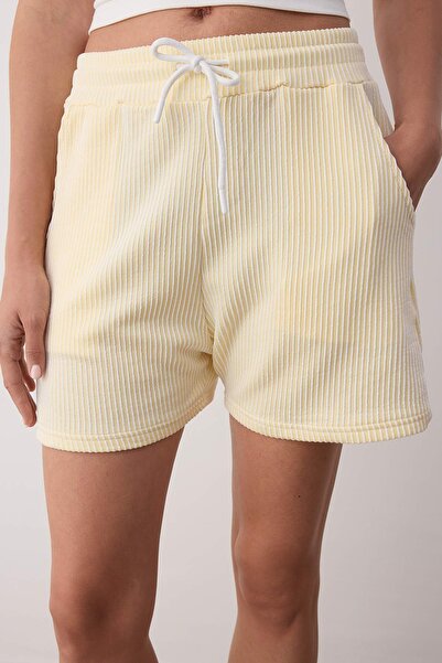 Trendyol Collection Yellow Striped Drawstring Elastic Waist Mini Knitted Shorts & Bermuda Twoss25Sr00235