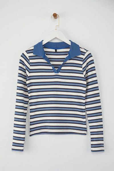 Trendyol Collection Blue Striped Polo Neck Fitted/Slim Fit Knitted Blouse Twoaw26Bz00034