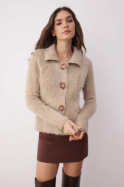 Trendyol Collection Mink Rose Button Detailed Boucle Yarn Wide Fit Knitwear Cardigan Twoaw26Hi00109