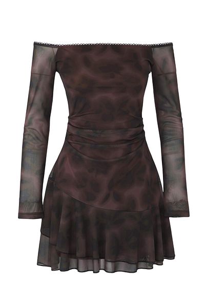 Trendyol Collection Mini rochie bodycon imprimată multicoloră cu volane, guler Carmen, căptușită din tul, rochie tricotată elastică TWOAW26EL00031
