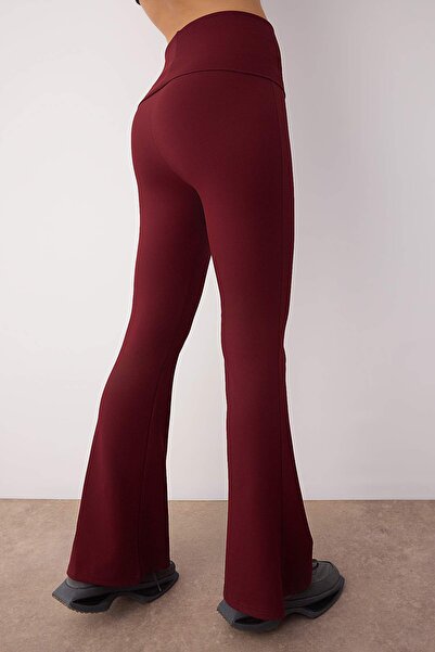 Trendyol Collection Burgundy Brushed Soft Fabric Waist Fold Detail Flare/Spanish Leg Yoga Knitted Sports Leggings Thmaw26Ty00001
