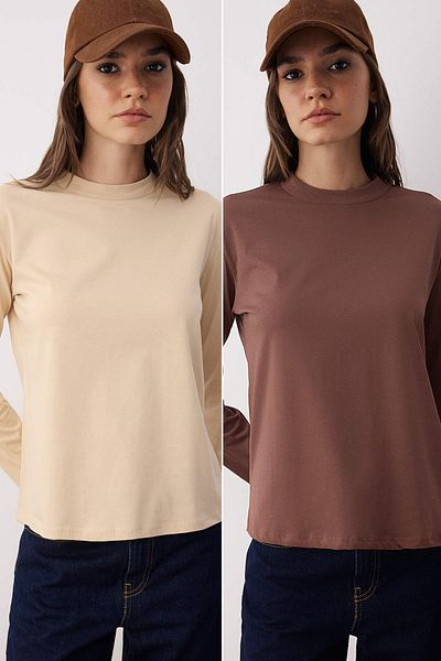 Trendyol Collection Braun-Beige 2er-Pack 100 % Baumwolle Regular Fit Langarm-Polo-T-Shirt TWOAW26TS00006