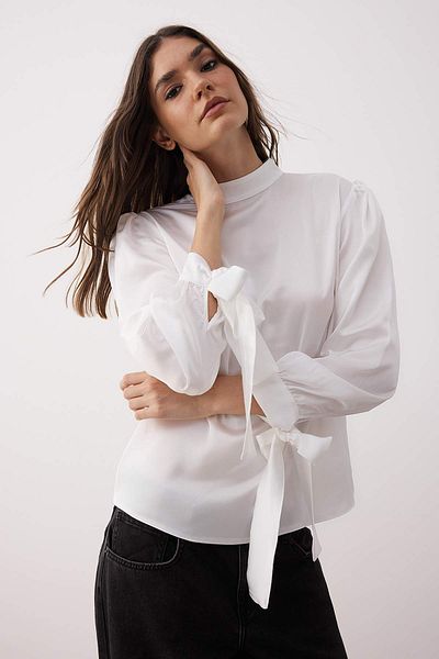 Trendyol Collection White Tie Detail Satin Woven Blouse Tofaw19Fg0082