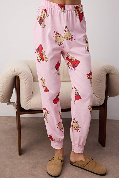 Trendyol Collection Rosa 100% Baumwolle mit Teddybären Weihnachtsmotiv gestricktes Pyjama-Set THMAW26PT00052