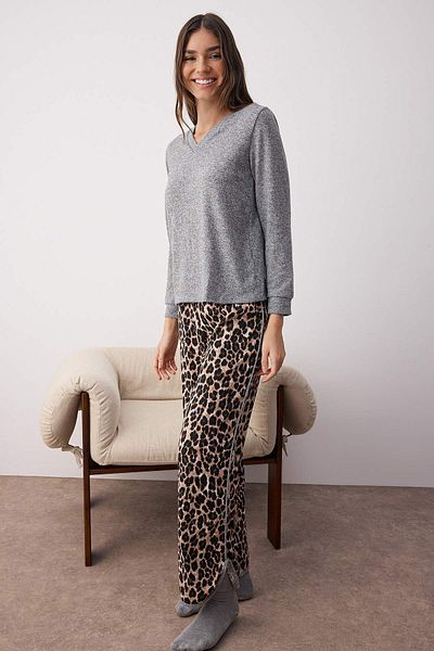 Trendyol Collection Gray-Multicolor Leopard Print Piping Top Soft, Bottom 100% Cotton Knitted Pajama Set Thmaw26Pt00035