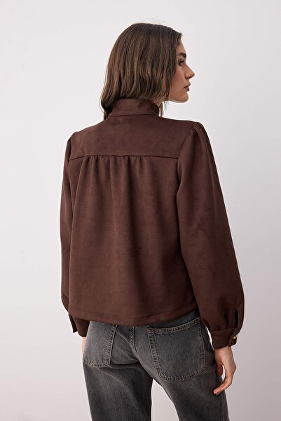 Trendyol Collection Тъмнокафяво сако с копчета от велур, с тясна кройка TWOAW26CE00030