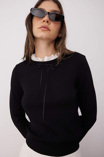 Trendyol Collection Black Lace Collar Garnish Premium Yarn/Special Yarn Knitwear Sweater Twoaw26Kz00006