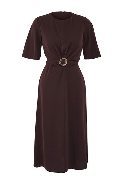 Trendyol Collection Brown Straight Midi Woven Dress with Accessory Detail Twoaw26El00067