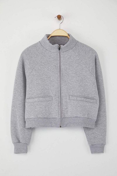 Trendyol Collection Gray Melange Regular/Normal Fit Zipper Stand Collar Thick Fleece Inside Knitted Sweatshirt Twoaw26Sw00017