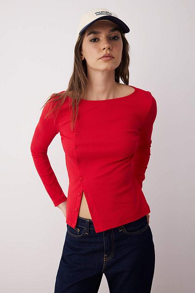 Trendyol Collection Red Button Crew Neck Bodycon Ribbed Stretchy Knitted Blouse Twoaw26Bz00104