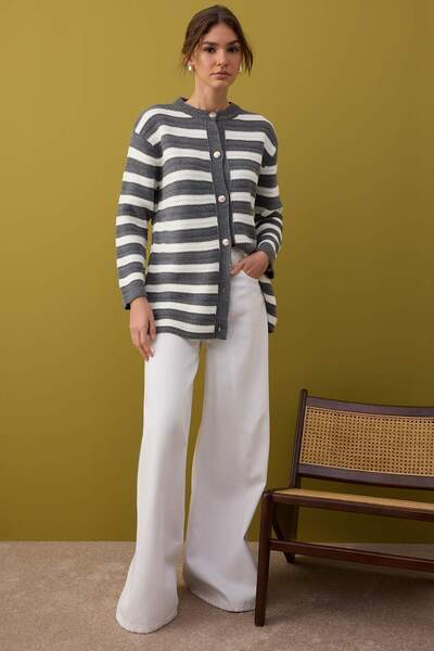 Trendyol Modest Gray Striped Openwork Knitwear Tctaw26Th00010