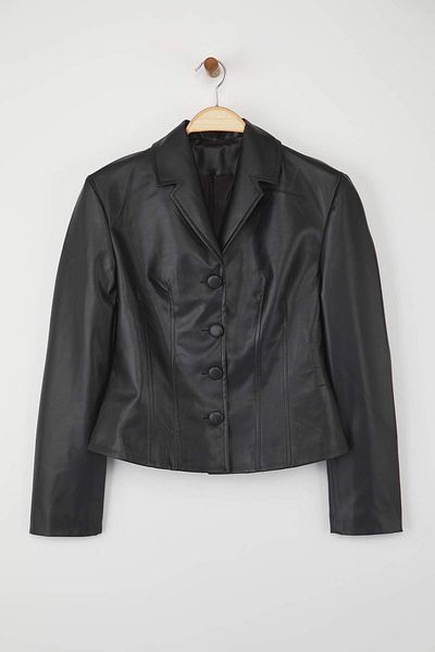 Trendyol Collection Black Faux Leather Fitted/Skin-Fitting Overlay Button Jacket Twoaw26Ce00009