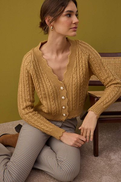 Trendyol Collection Stone Soft Textured Pearl Button Detail Crop Knitwear Cardigan Twoaw26Hi00185